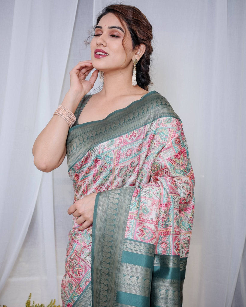 Teal Green Banarasi Silk Saree with Multicolor Digital Patchwork Print & Zari Border BANARASI PRINTED