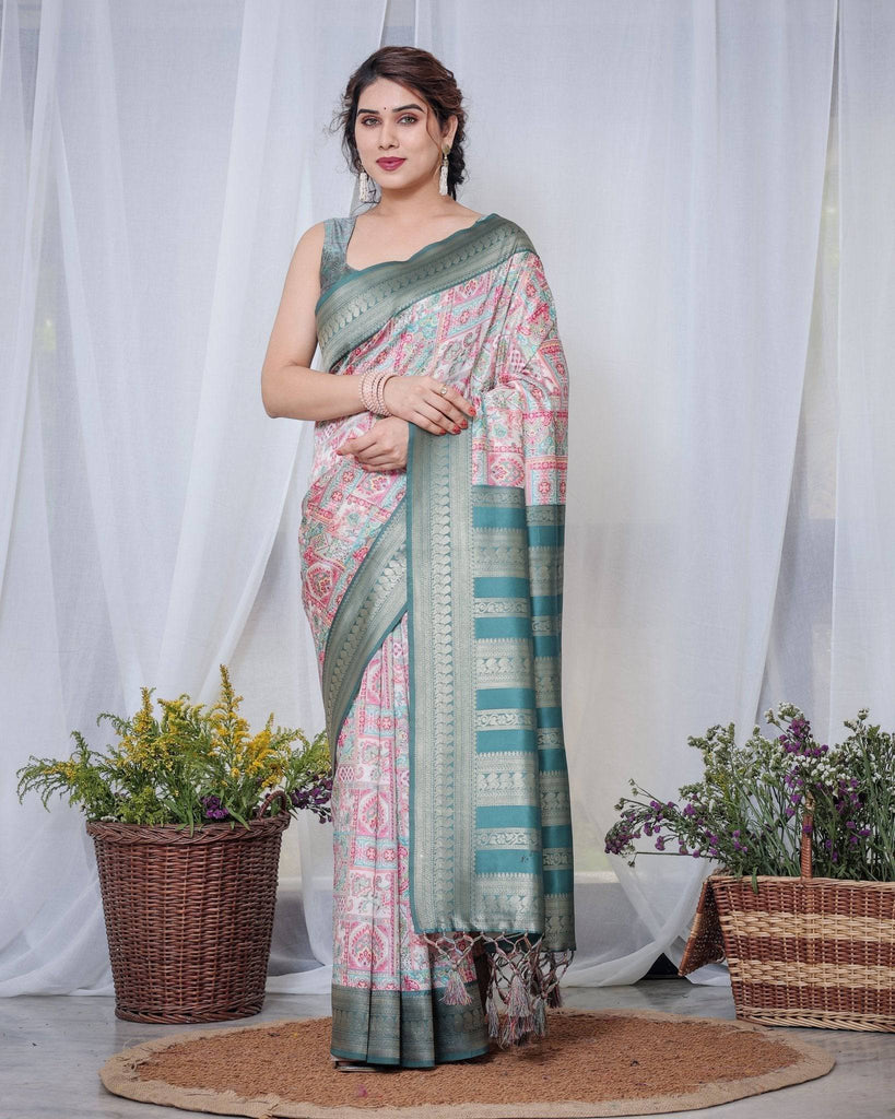 Teal Green Banarasi Silk Saree with Multicolor Digital Patchwork Print & Zari Border BANARASI PRINTED