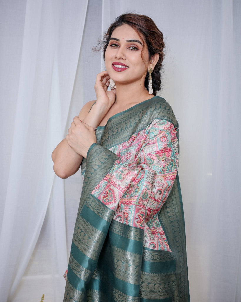 Teal Green Banarasi Silk Saree with Multicolor Digital Patchwork Print & Zari Border BANARASI PRINTED