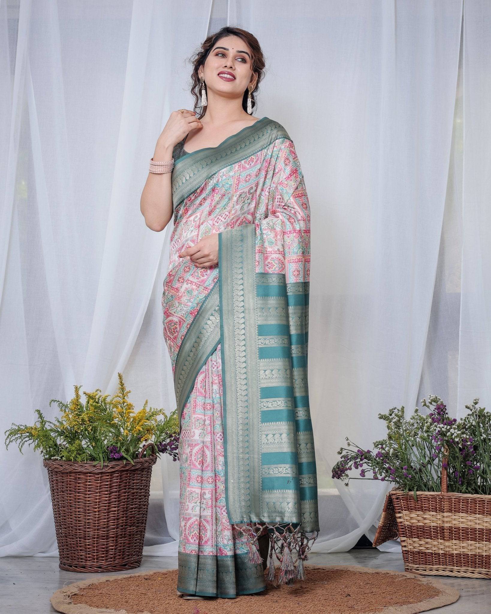 Teal Green Banarasi Silk Saree with Multicolor Digital Patchwork Print & Zari Border BANARASI PRINTED Main image