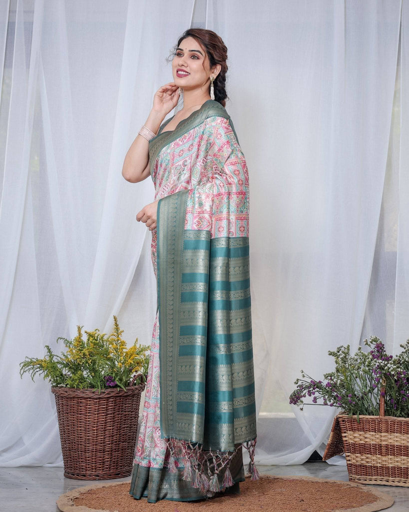 Teal Green Banarasi Silk Saree with Multicolor Digital Patchwork Print & Zari Border BANARASI PRINTED