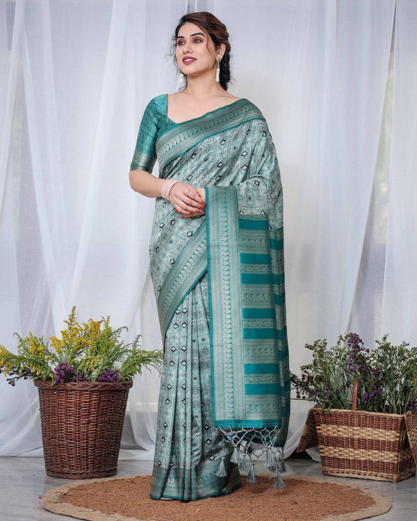 Banarasi Digitally Printed Green Silk Saree with Zari Weave and Elegant Tassels BANARASI PRINTED