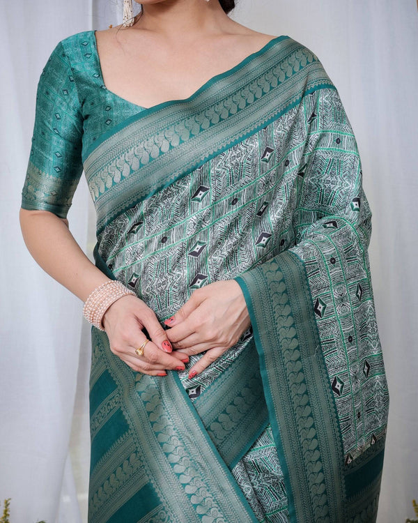 Banarasi Digitally Printed Green Silk Saree with Zari Weave and Elegant Tassels BANARASI PRINTED
