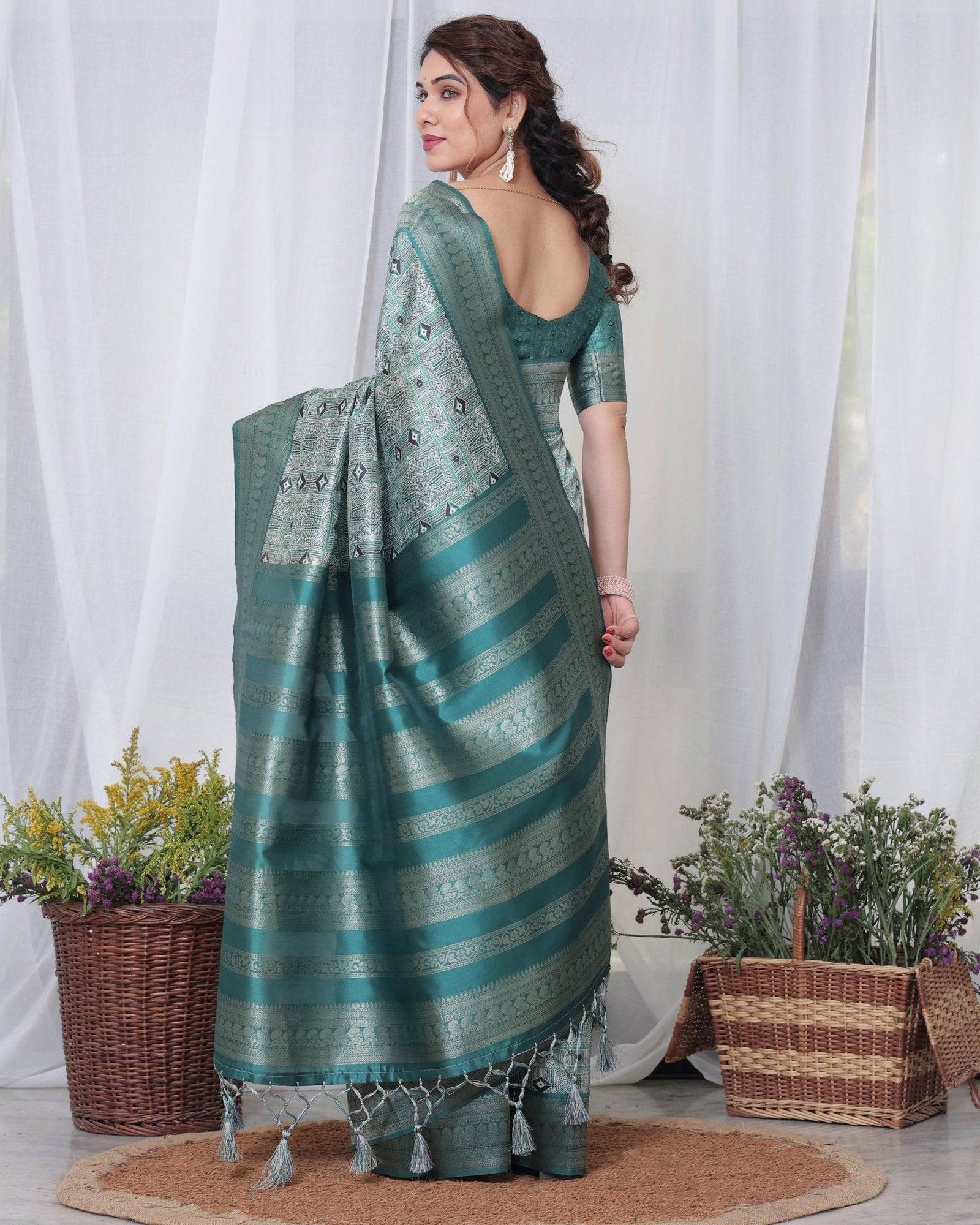 Banarasi Digitally Printed Green Silk Saree with Zari Weave and Elegant Tassels BANARASI PRINTED