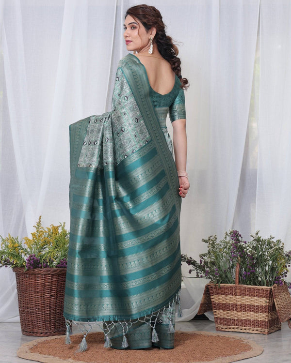 Banarasi Digitally Printed Green Silk Saree with Zari Weave and Elegant Tassels BANARASI PRINTED