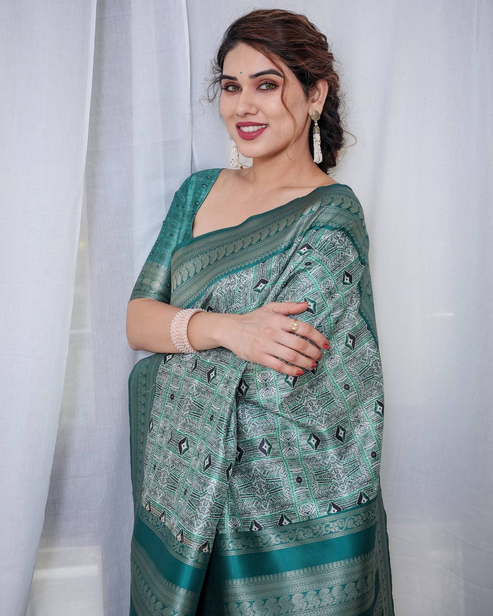 Banarasi Digitally Printed Green Silk Saree with Zari Weave and Elegant Tassels BANARASI PRINTED