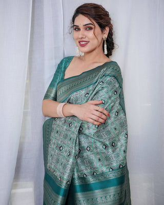 Banarasi Digitally Printed Green Silk Saree with Zari Weave and Elegant Tassels BANARASI PRINTED