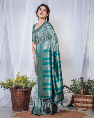 Banarasi Digitally Printed Green Silk Saree with Zari Weave and Elegant Tassels BANARASI PRINTED