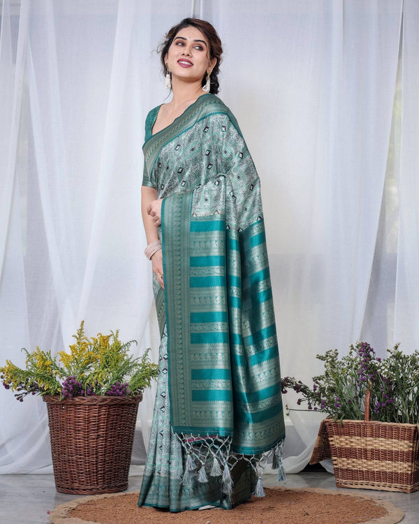Banarasi Digitally Printed Green Silk Saree with Zari Weave and Elegant Tassels BANARASI PRINTED