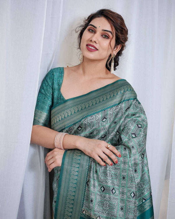 Banarasi Digitally Printed Green Silk Saree with Zari Weave and Elegant Tassels BANARASI PRINTED