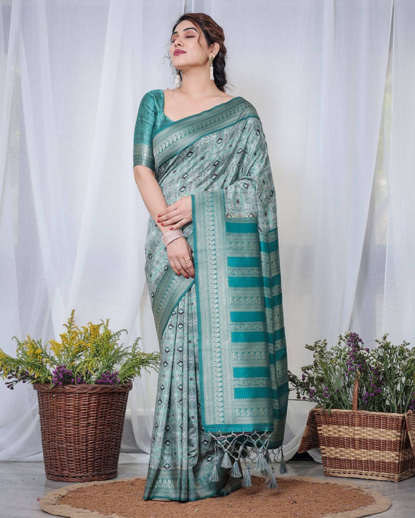 Banarasi Digitally Printed Green Silk Saree with Zari Weave and Elegant Tassels BANARASI PRINTED