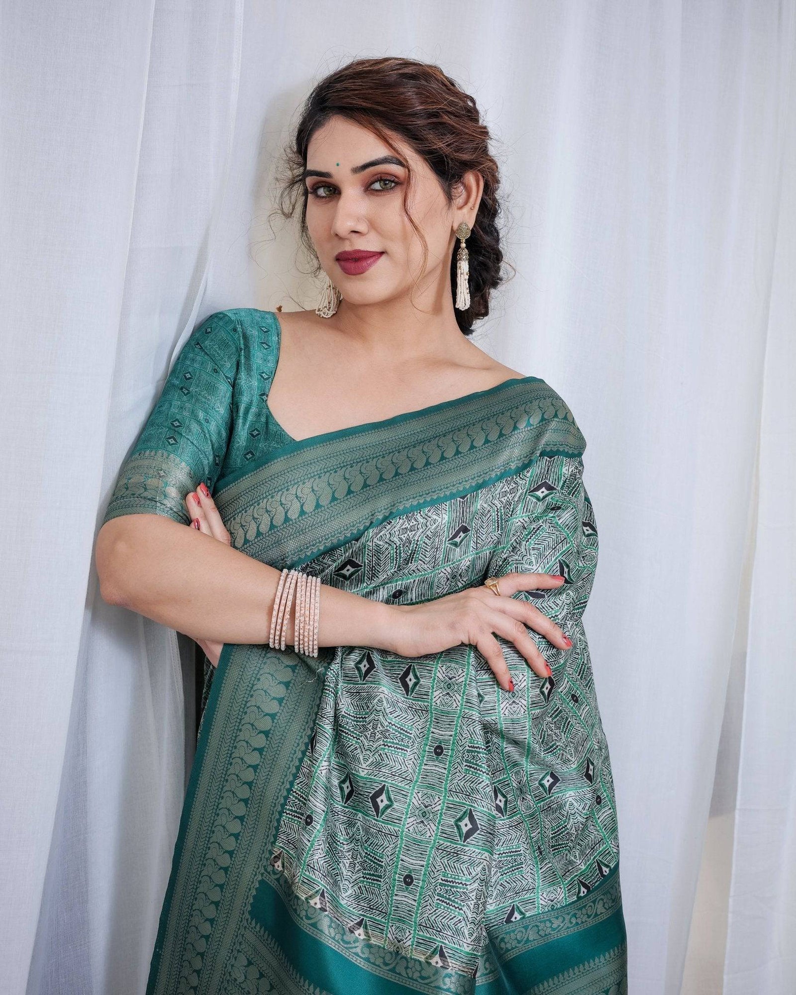 Banarasi Digitally Printed Green Silk Saree with Zari Weave and Elegant Tassels BANARASI PRINTED