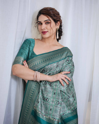 Banarasi Digitally Printed Green Silk Saree with Zari Weave and Elegant Tassels BANARASI PRINTED