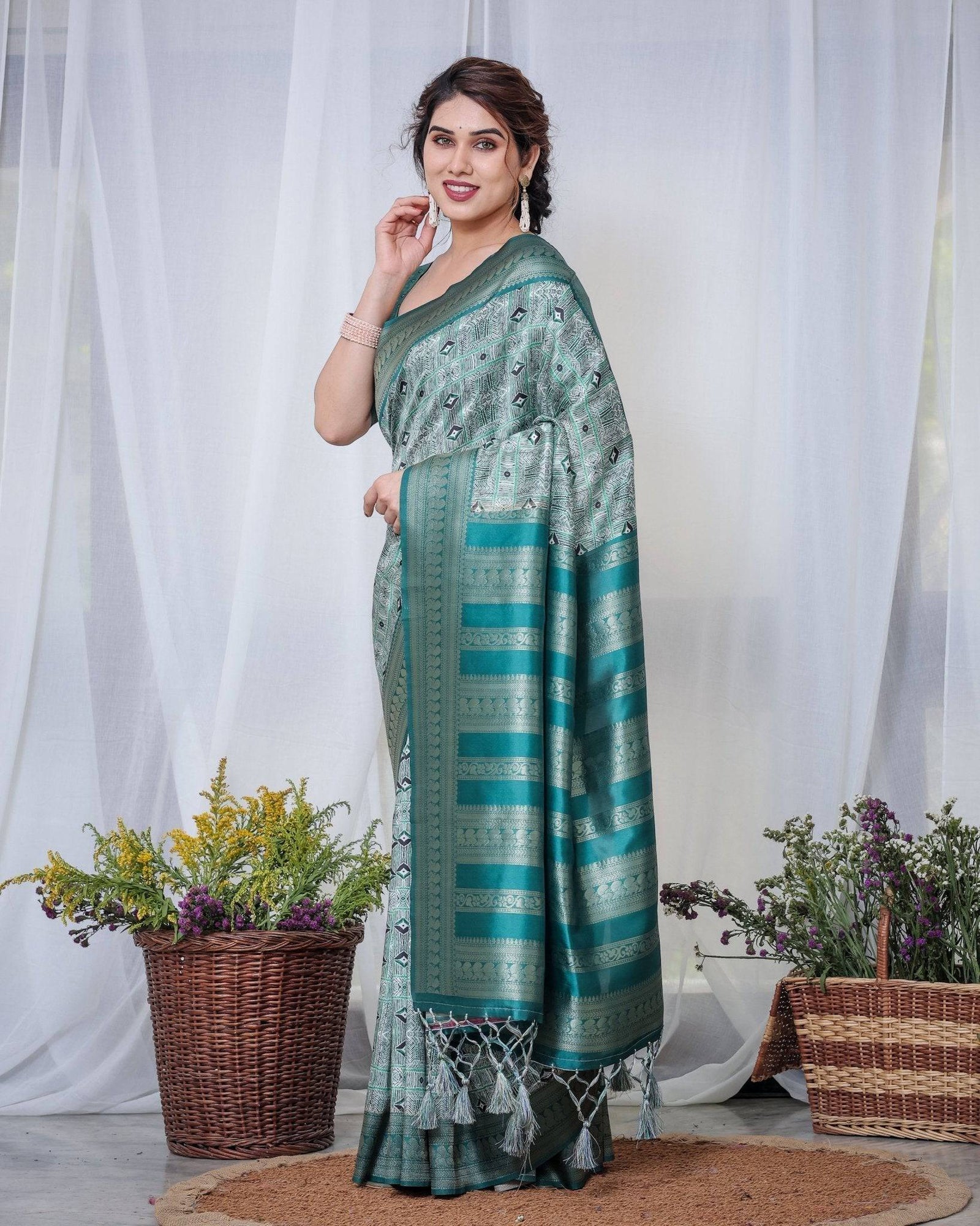 Banarasi Digitally Printed Green Silk Saree with Zari Weave and Elegant Tassels BANARASI PRINTED