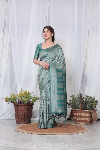 Banarasi Digitally Printed Green Silk Saree with Zari Weave and Elegant Tassels BANARASI PRINTED