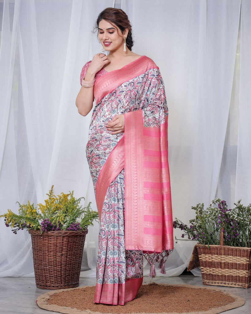 Ivory Banarasi Silk Saree with Vibrant Paisley Digital Print, Pink Zari Border & Tassel Pallu BANARASI PRINTED