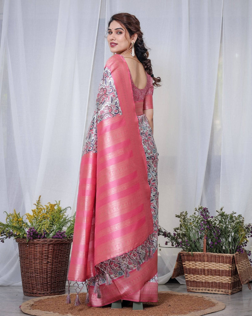 Ivory Banarasi Silk Saree with Vibrant Paisley Digital Print, Pink Zari Border & Tassel Pallu BANARASI PRINTED