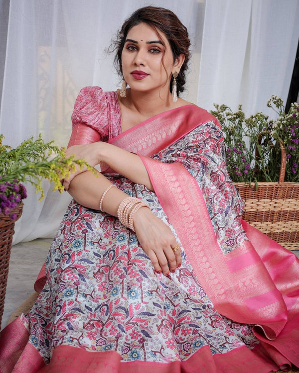 Ivory Banarasi Silk Saree with Vibrant Paisley Digital Print, Pink Zari Border & Tassel Pallu BANARASI PRINTED