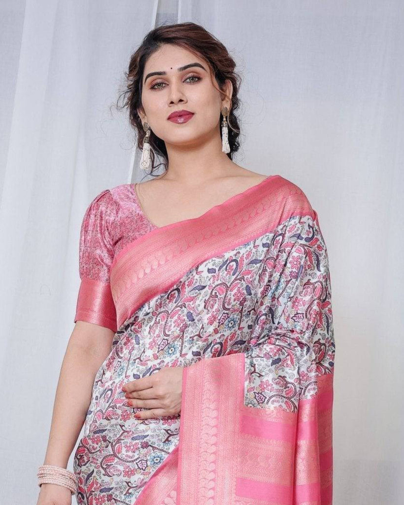 Ivory Banarasi Silk Saree with Vibrant Paisley Digital Print, Pink Zari Border & Tassel Pallu BANARASI PRINTED