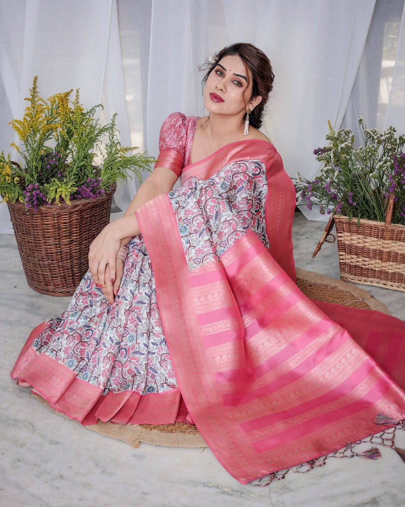 Ivory Banarasi Silk Saree with Vibrant Paisley Digital Print, Pink Zari Border & Tassel Pallu BANARASI PRINTED