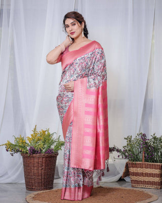 Ivory Banarasi Silk Saree with Vibrant Paisley Digital Print, Pink Zari Border & Tassel Pallu BANARASI PRINTED