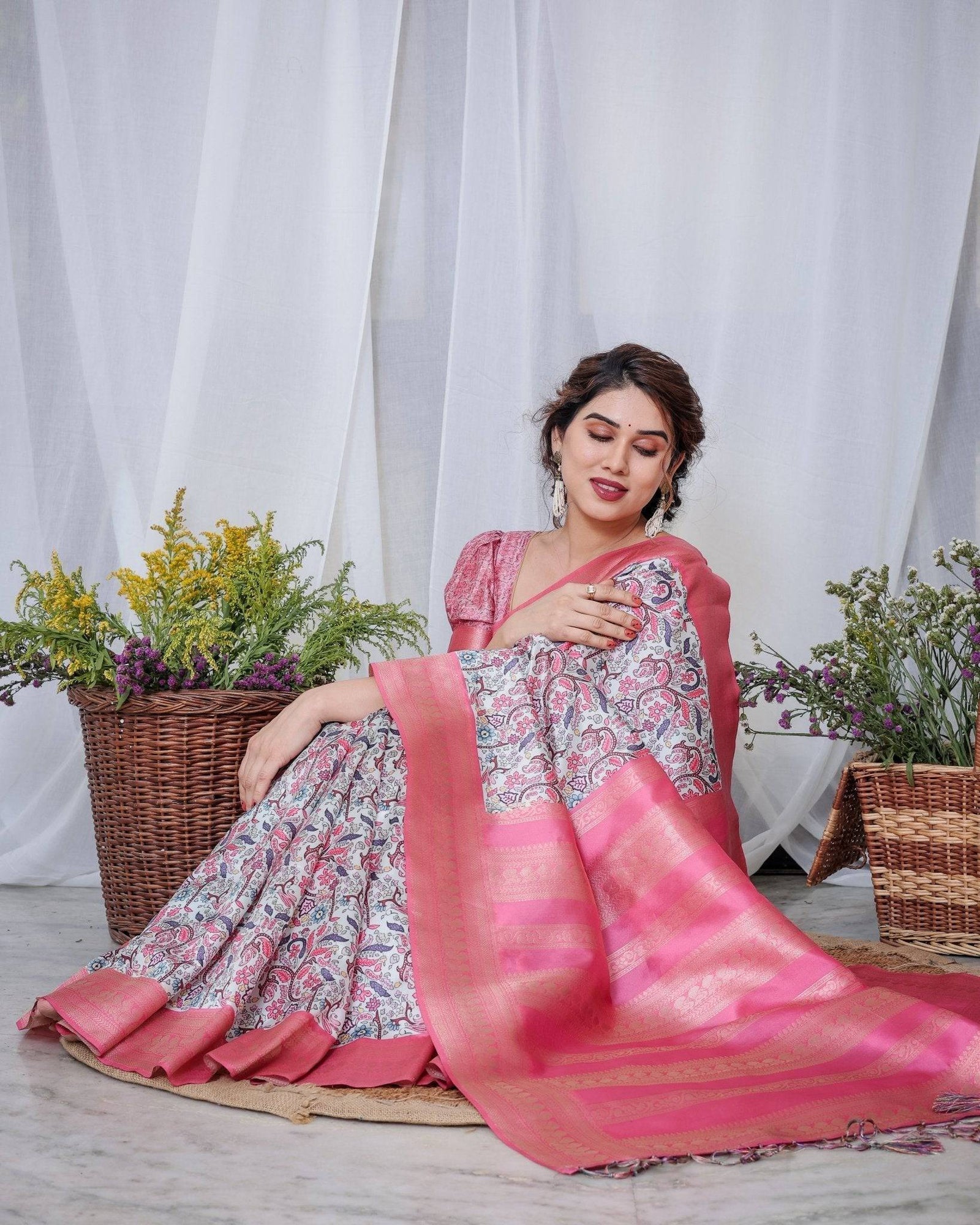 Ivory Banarasi Silk Saree with Vibrant Paisley Digital Print, Pink Zari Border & Tassel Pallu BANARASI PRINTED