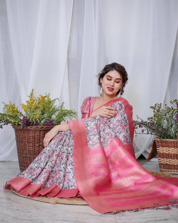 Ivory Banarasi Silk Saree with Vibrant Paisley Digital Print, Pink Zari Border & Tassel Pallu BANARASI PRINTED