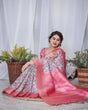 Load image into Gallery viewer, Ivory Banarasi Silk Saree with Vibrant Paisley Digital Print, Pink Zari Border &amp; Tassel Pallu BANARASI PRINTED