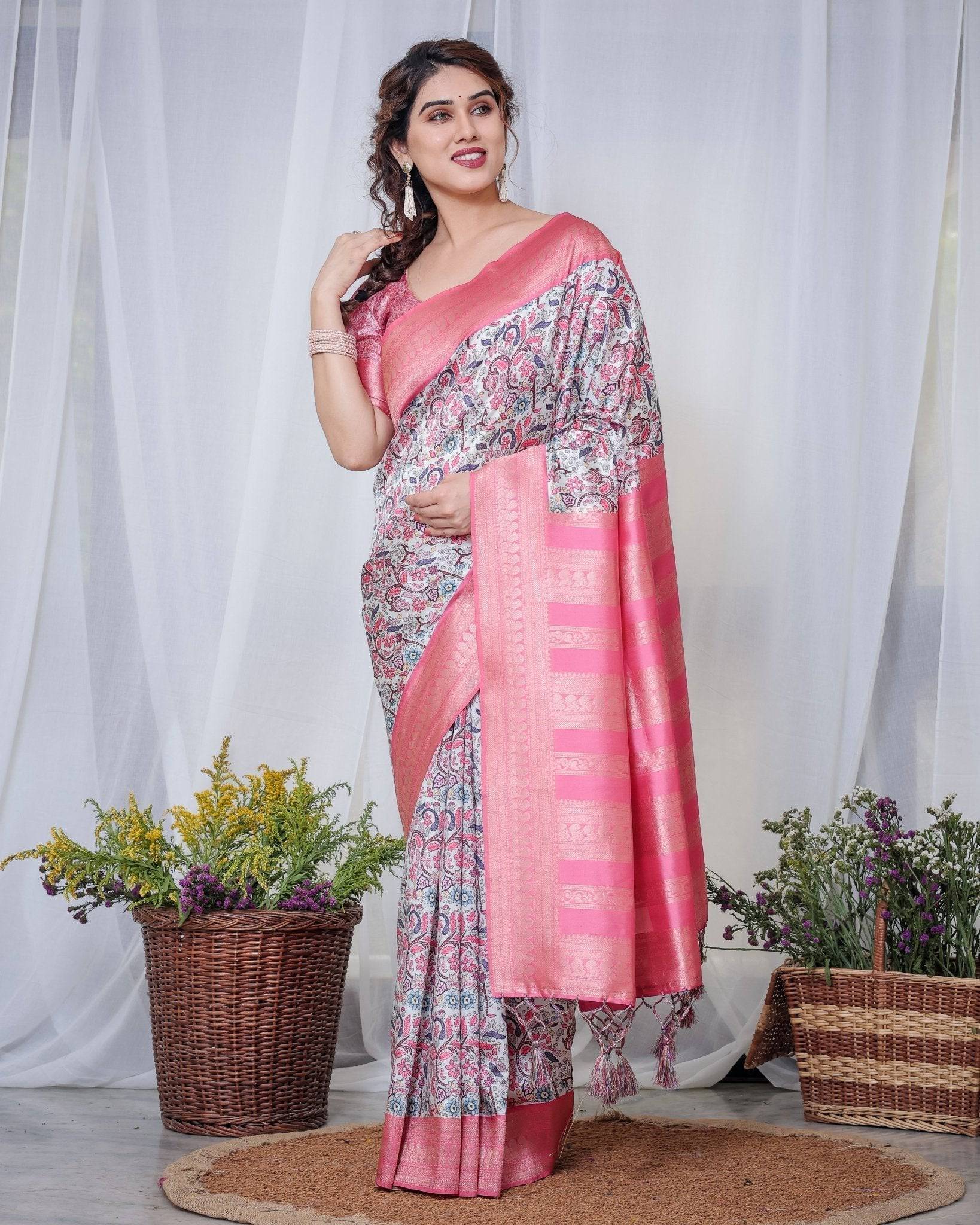 Ivory Banarasi Silk Saree with Vibrant Paisley Digital Print, Pink Zari Border & Tassel Pallu BANARASI PRINTED Main image