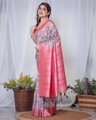 Ivory Banarasi Silk Saree with Vibrant Paisley Digital Print, Pink Zari Border & Tassel Pallu BANARASI PRINTED