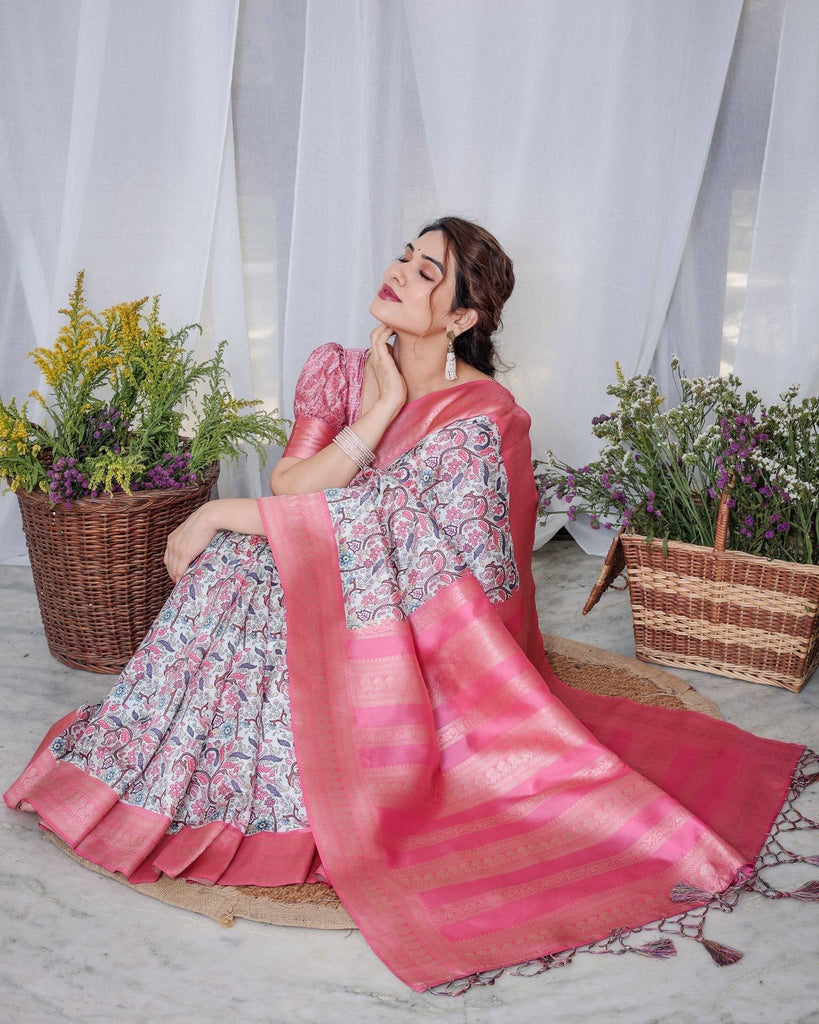Ivory Banarasi Silk Saree with Vibrant Paisley Digital Print, Pink Zari Border & Tassel Pallu BANARASI PRINTED