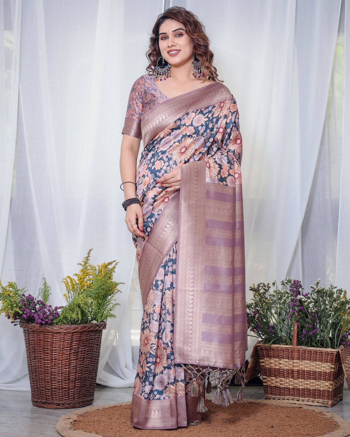 Lilac Banarasi Silk Saree with Pastel Floral Digital Print, Zari Border & Tassel Pallu BANARASI PRINTED Main image