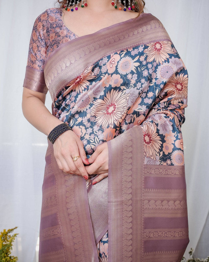 Lilac Banarasi Silk Saree with Pastel Floral Digital Print, Zari Border & Tassel Pallu BANARASI PRINTED