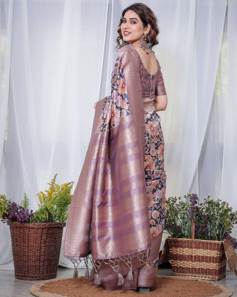 Lilac Banarasi Silk Saree with Pastel Floral Digital Print, Zari Border & Tassel Pallu BANARASI PRINTED