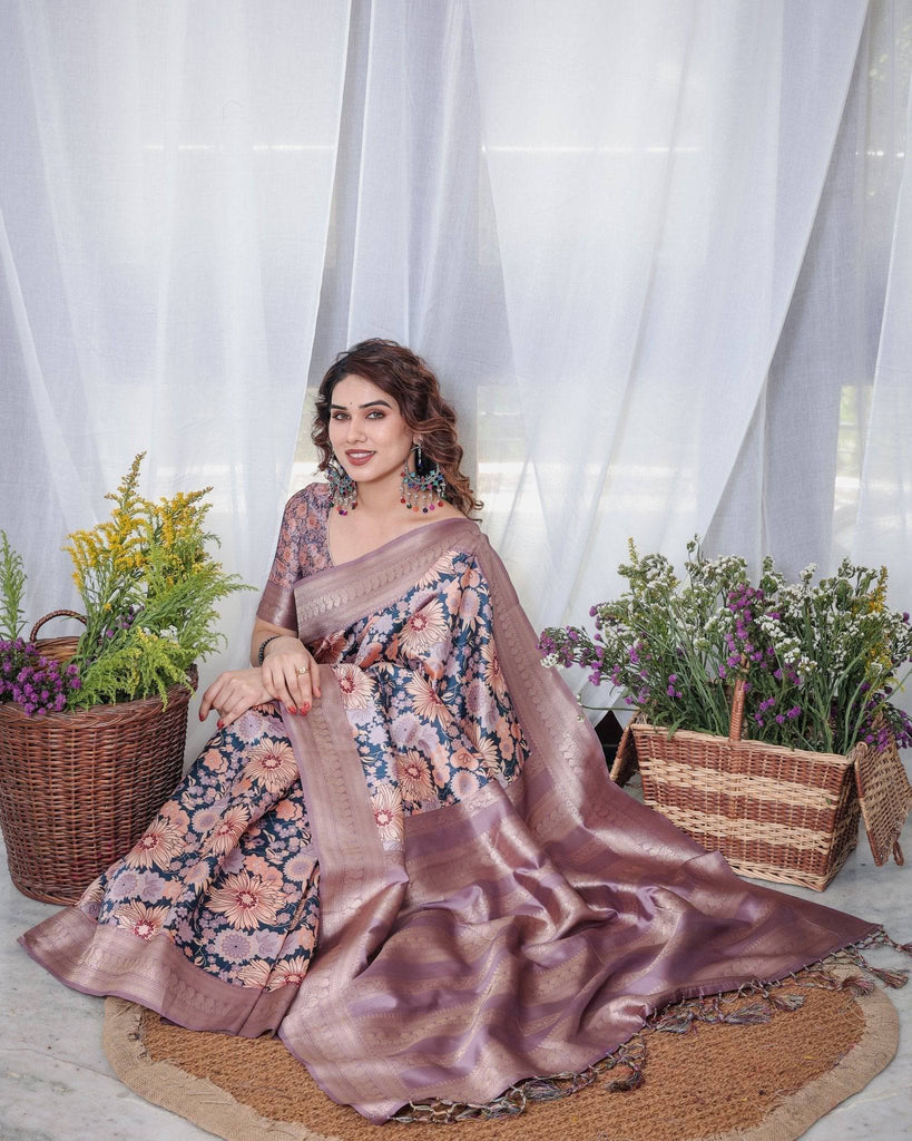 Lilac Banarasi Silk Saree with Pastel Floral Digital Print, Zari Border & Tassel Pallu BANARASI PRINTED