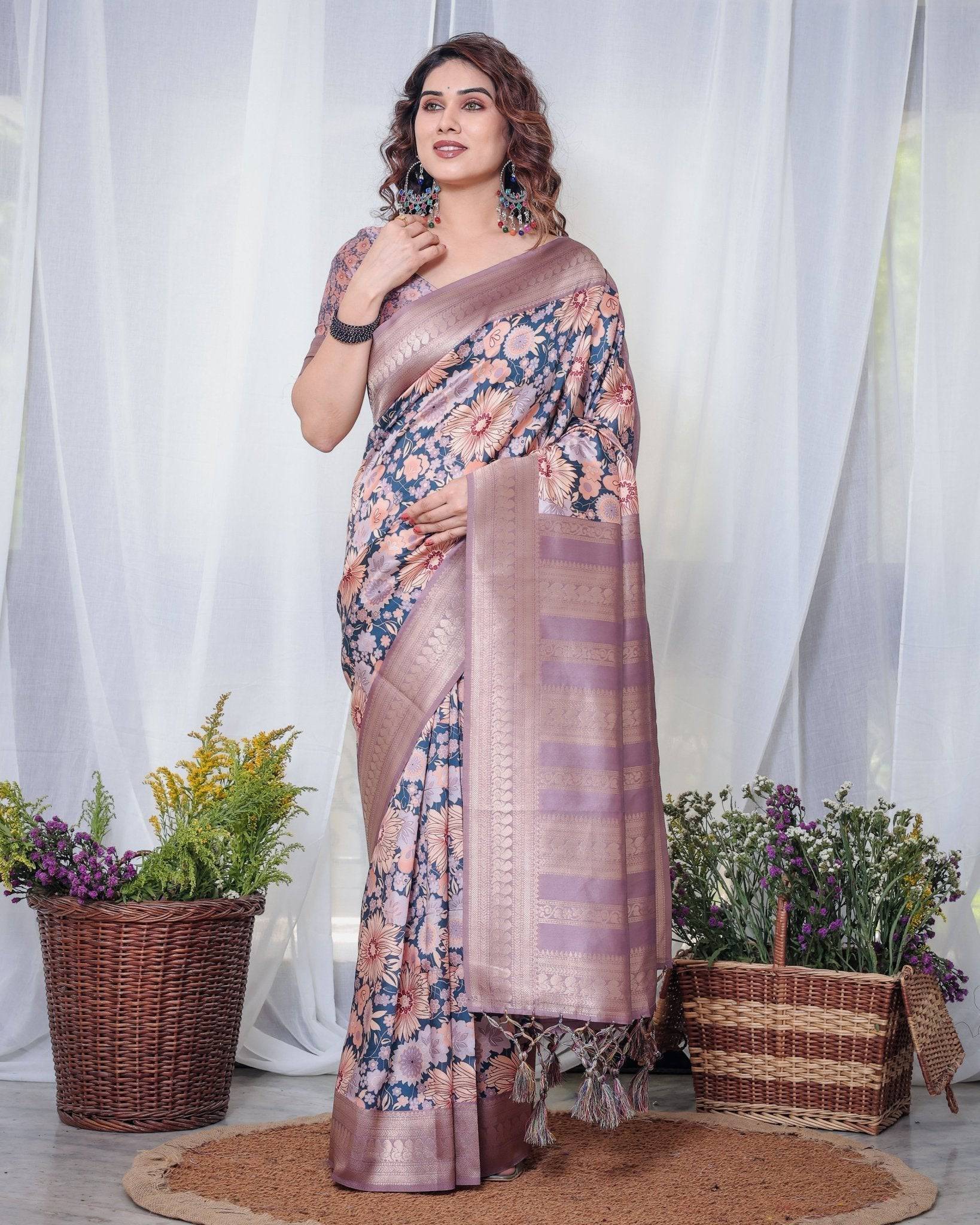 Lilac Banarasi Silk Saree with Pastel Floral Digital Print, Zari Border & Tassel Pallu Secondary image