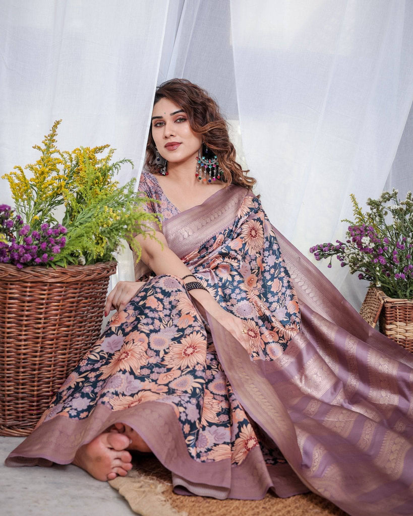 Lilac Banarasi Silk Saree with Pastel Floral Digital Print, Zari Border & Tassel Pallu BANARASI PRINTED