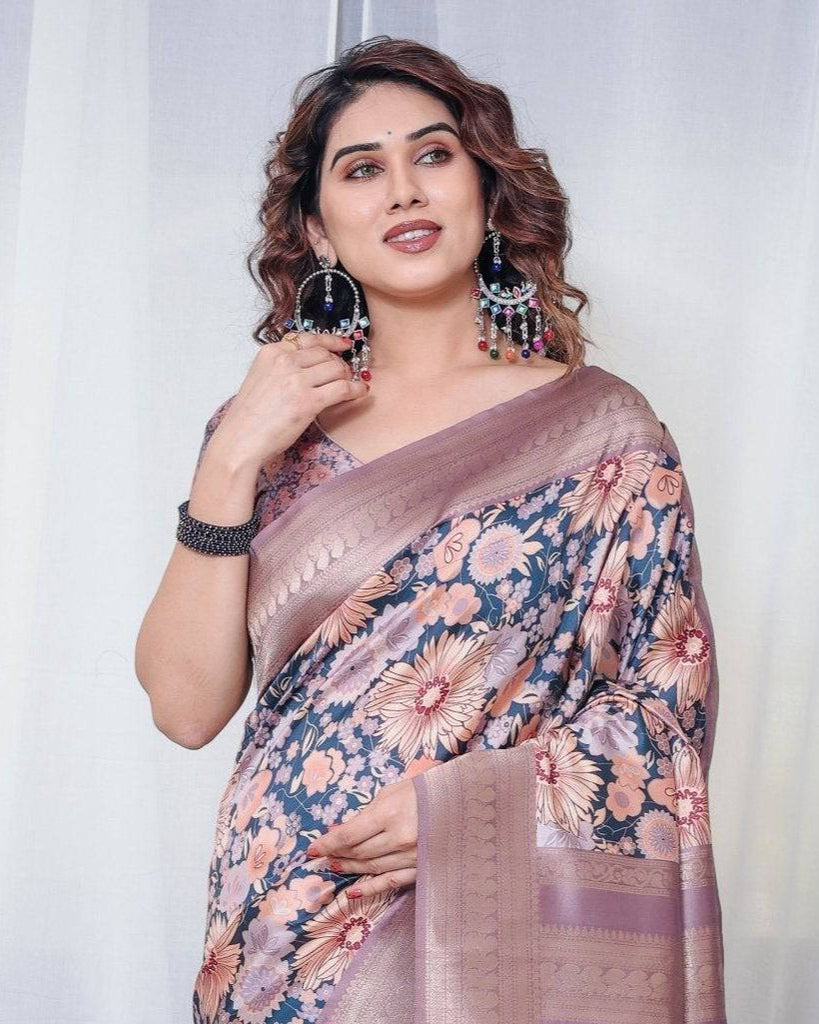 Lilac Banarasi Silk Saree with Pastel Floral Digital Print, Zari Border & Tassel Pallu BANARASI PRINTED