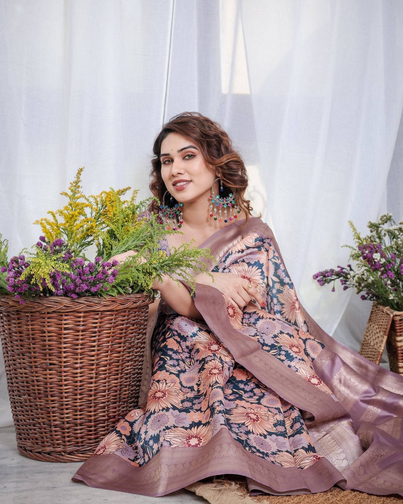 Lilac Banarasi Silk Saree with Pastel Floral Digital Print, Zari Border & Tassel Pallu BANARASI PRINTED