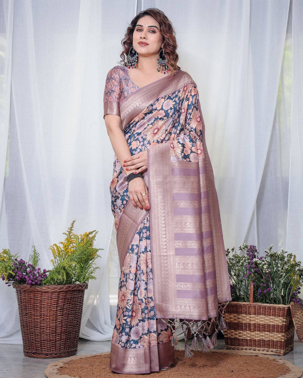 Lilac Banarasi Silk Saree with Pastel Floral Digital Print, Zari Border & Tassel Pallu BANARASI PRINTED