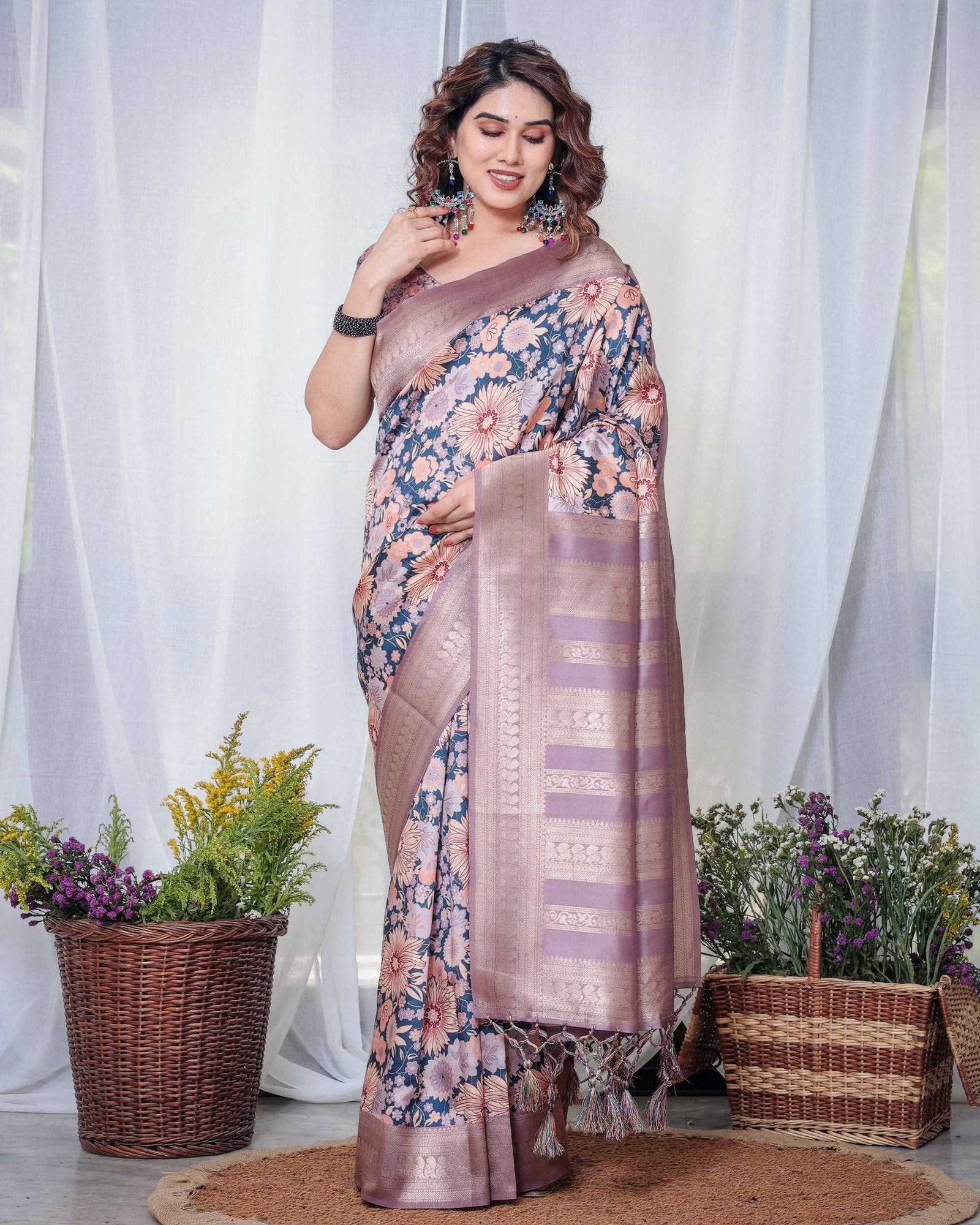 Lilac Banarasi Silk Saree with Pastel Floral Digital Print, Zari Border & Tassel Pallu BANARASI PRINTED