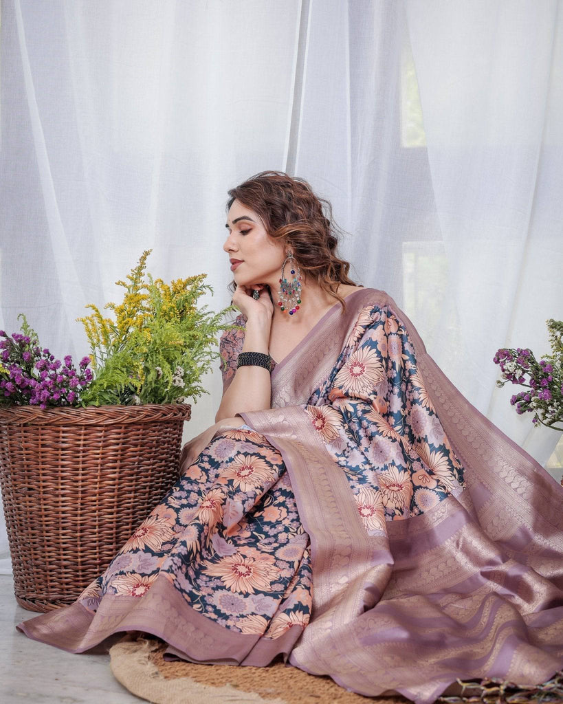 Lilac Banarasi Silk Saree with Pastel Floral Digital Print, Zari Border & Tassel Pallu BANARASI PRINTED