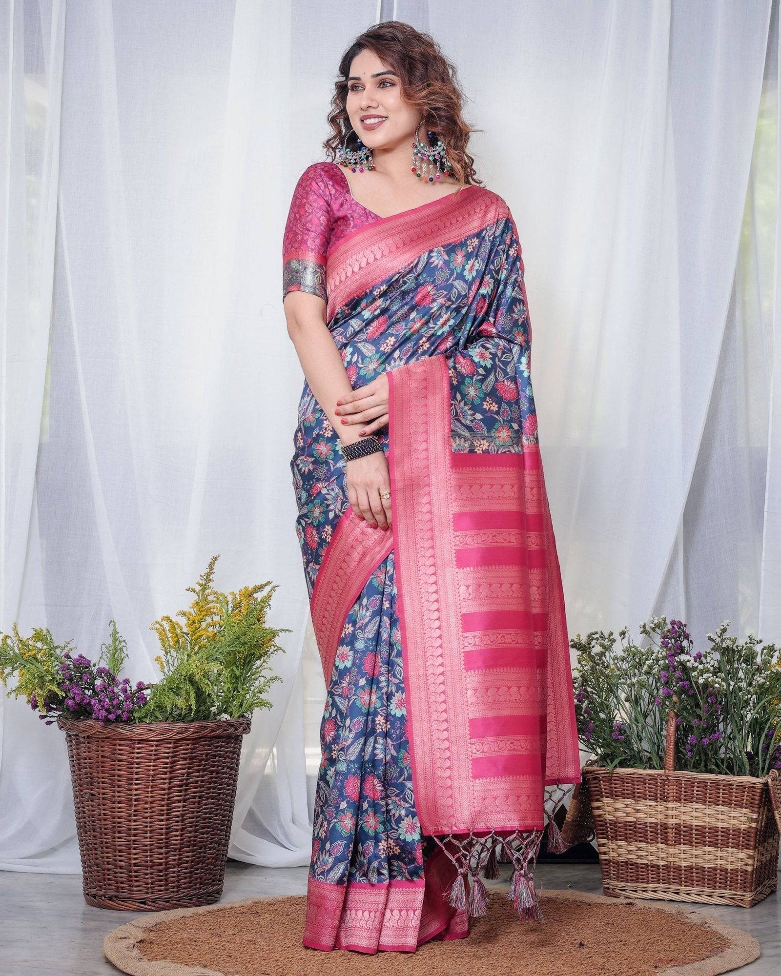 Navy Blue Banarasi Silk Saree with Floral Digital Print, Pink Zari Border & Tassel Pallu BANARASI PRINTED