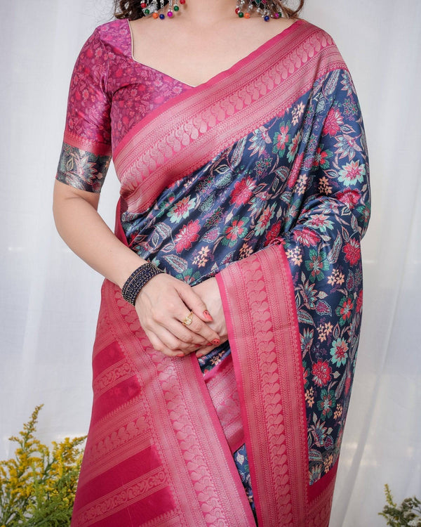 Navy Blue Banarasi Silk Saree with Floral Digital Print, Pink Zari Border & Tassel Pallu BANARASI PRINTED