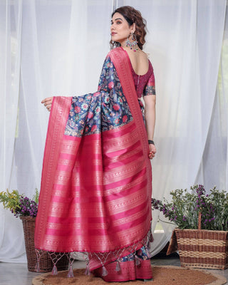 Navy Blue Banarasi Silk Saree with Floral Digital Print, Pink Zari Border & Tassel Pallu BANARASI PRINTED