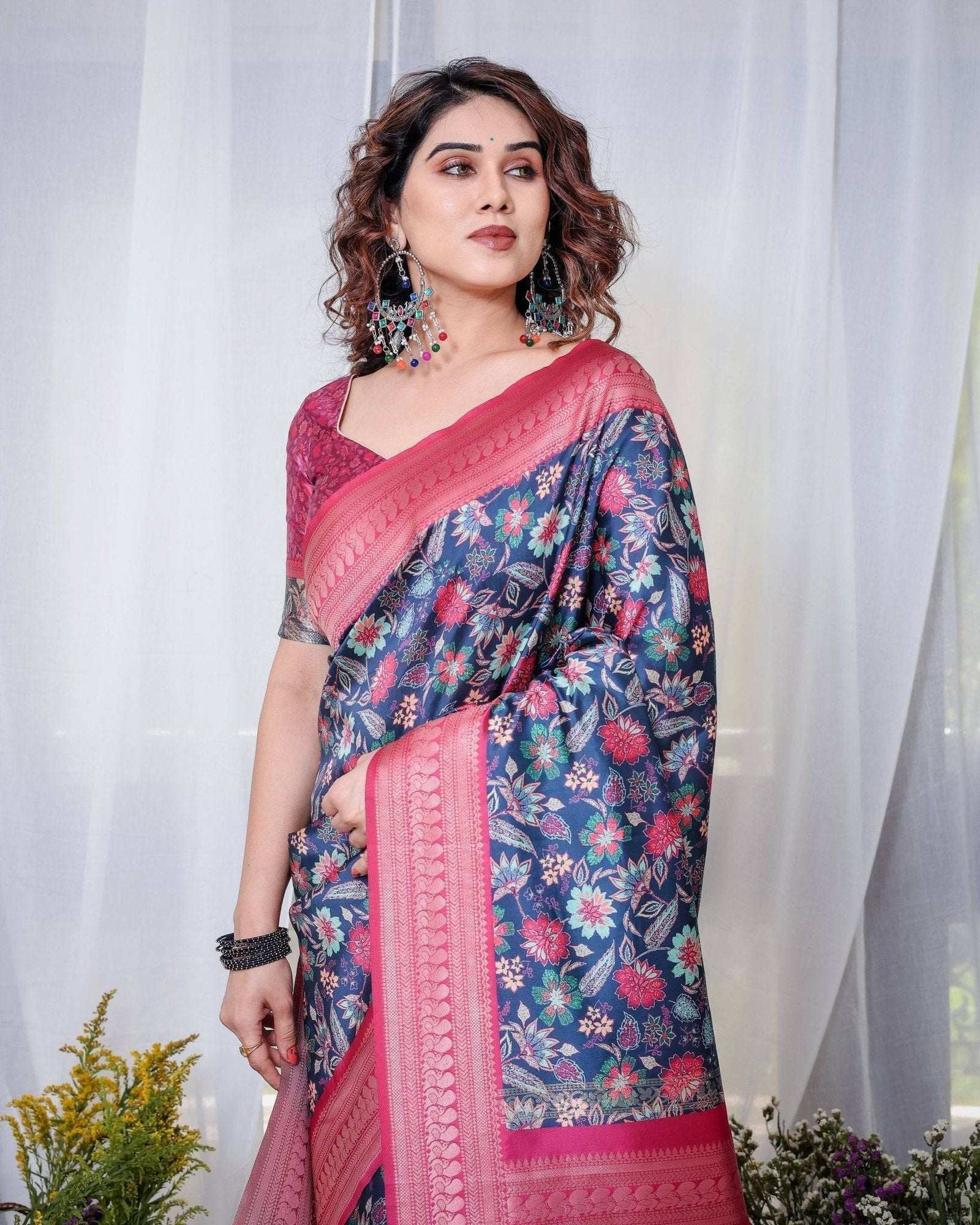 Navy Blue Banarasi Silk Saree with Floral Digital Print, Pink Zari Border & Tassel Pallu BANARASI PRINTED