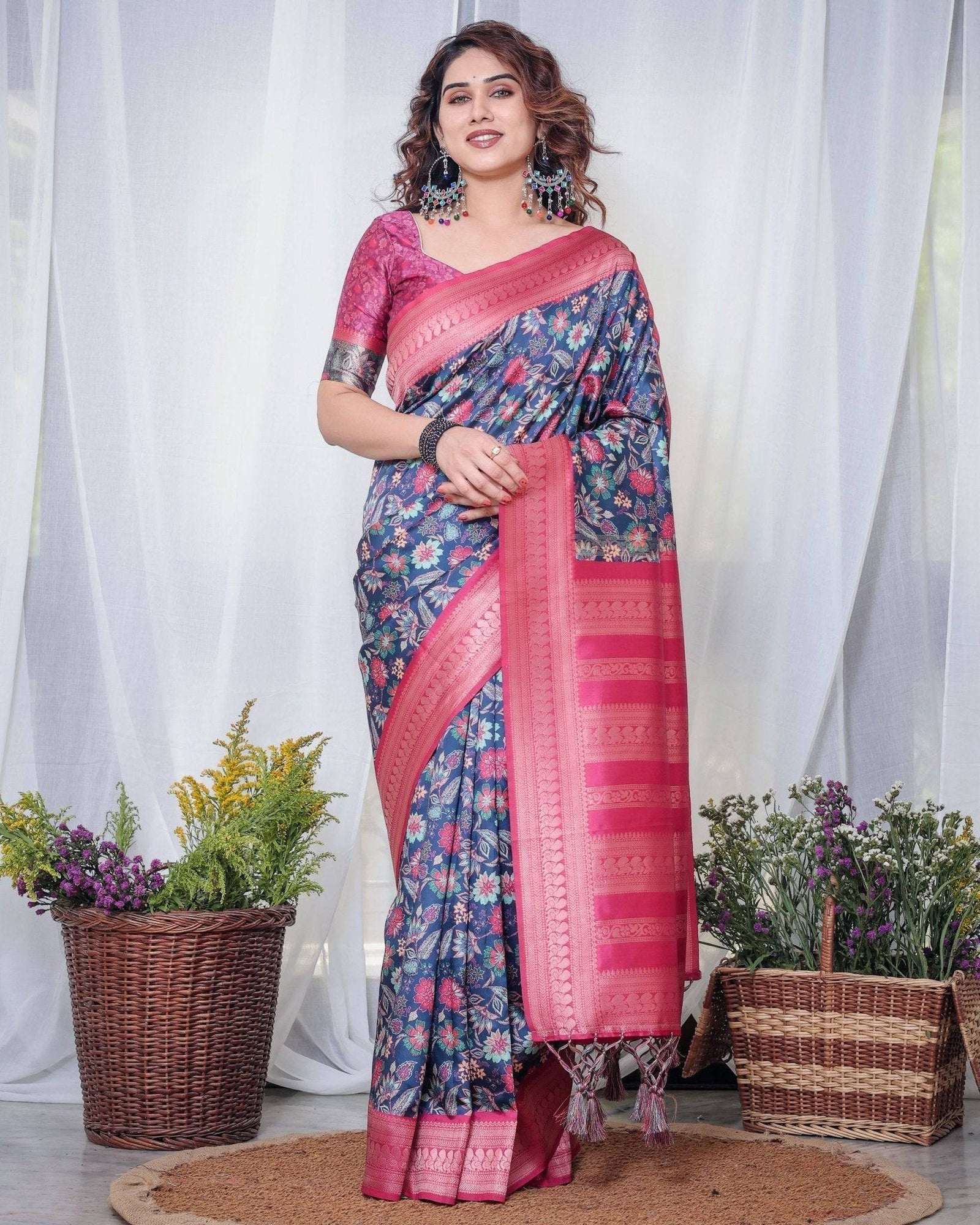 Navy Blue Banarasi Silk Saree with Floral Digital Print, Pink Zari Border & Tassel Pallu BANARASI PRINTED