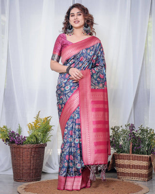 Navy Blue Banarasi Silk Saree with Floral Digital Print, Pink Zari Border & Tassel Pallu BANARASI PRINTED