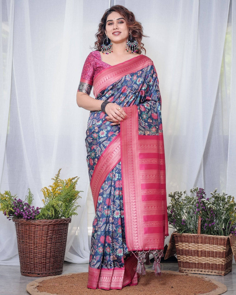 Navy Blue Banarasi Silk Saree with Floral Digital Print, Pink Zari Border & Tassel Pallu BANARASI PRINTED