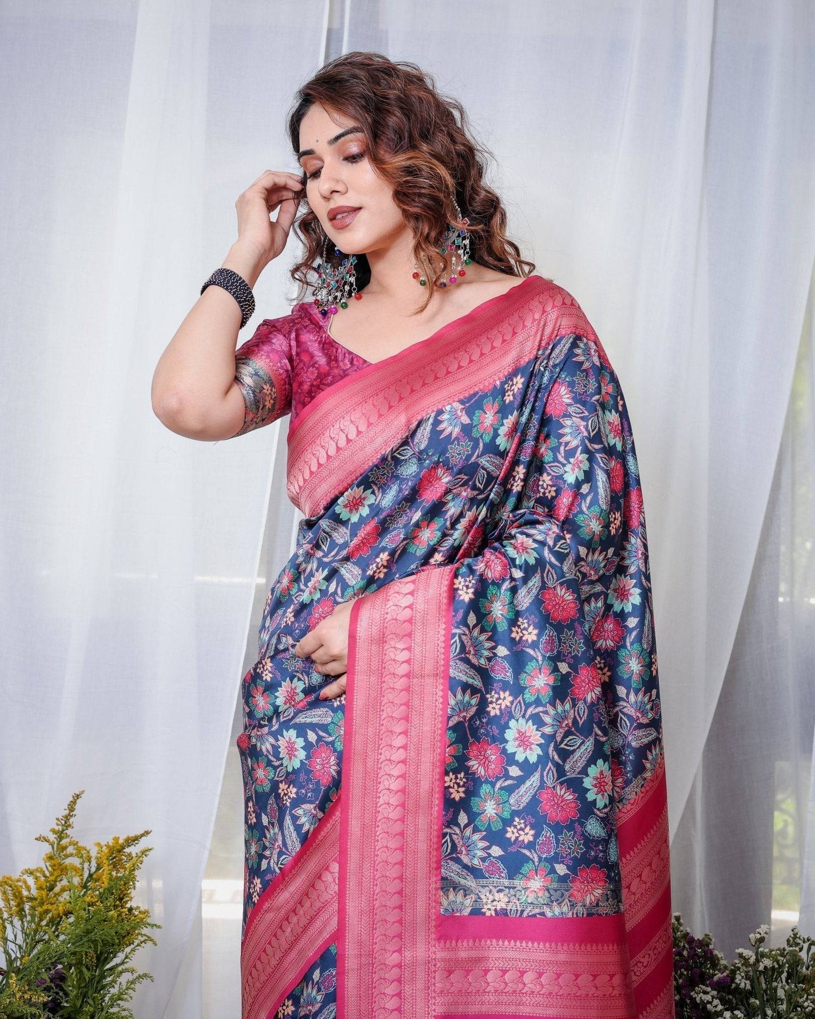 Navy Blue Banarasi Silk Saree with Floral Digital Print, Pink Zari Border & Tassel Pallu BANARASI PRINTED